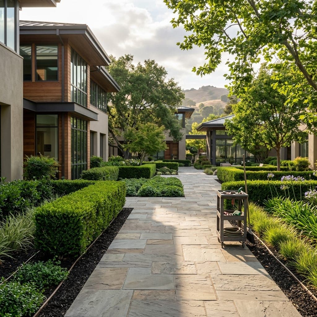Commercial courtyard landscape with structured planting, walkways, and polished building frontage.