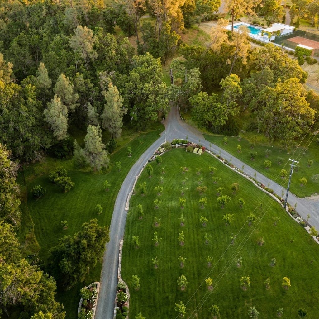Representative North Bay landscape concept: Aerial of gravel driveway with stone edged borders crossing lawn planted with young trees.