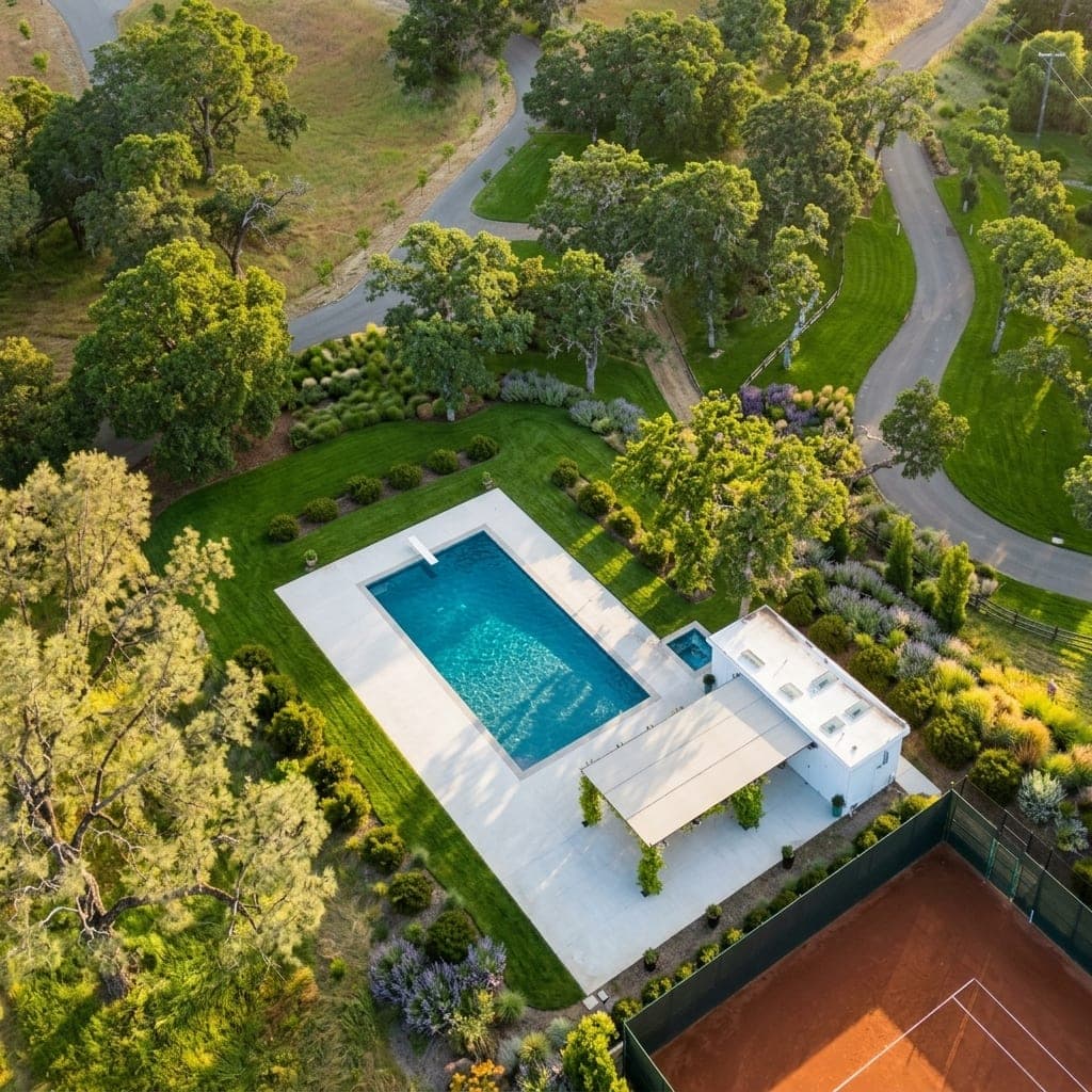 Representative North Bay landscape concept: Aerial of swimming pool with concrete deck, shaded pool house, and ornamental grass beds.