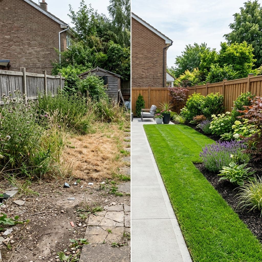 Split view of overgrown weedy yard beside renovated lawn, concrete path, and flower beds.