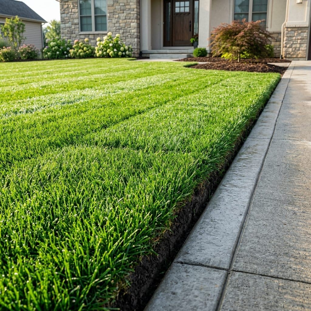 Freshly mowed green lawn with crisp edge along concrete driveway and mulched beds.