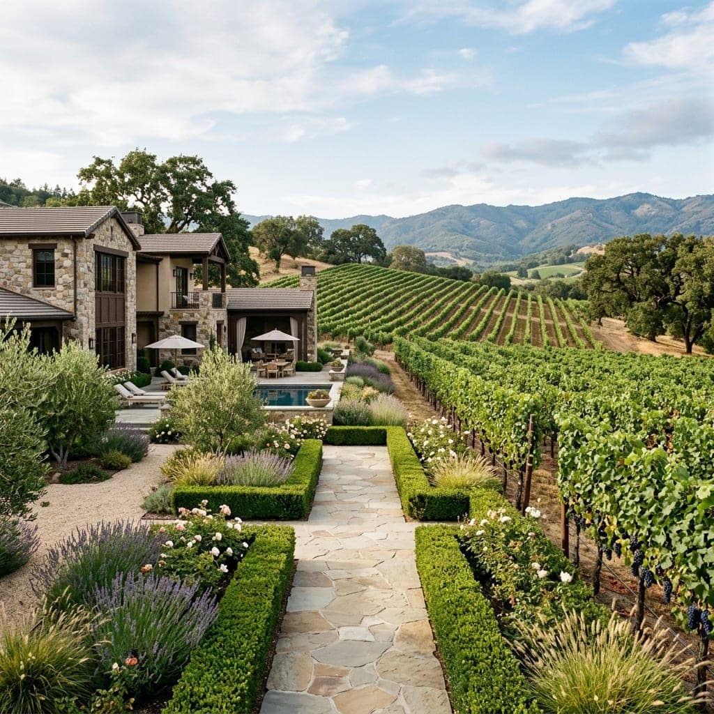 Formal boxwood-edged flower beds and flagstone path beside pool with vineyard hills behind.