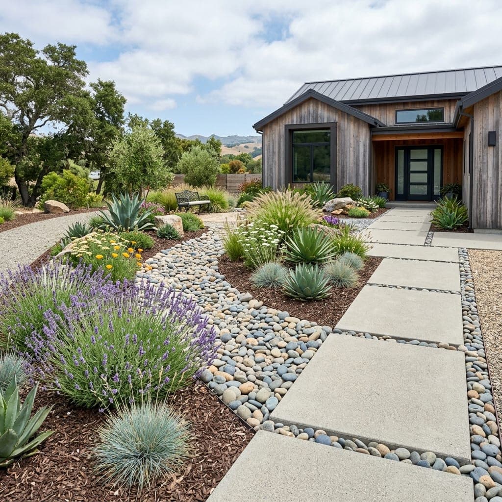 Gravel and river-rock front yard with lavender, agaves, and concrete paver walkway.