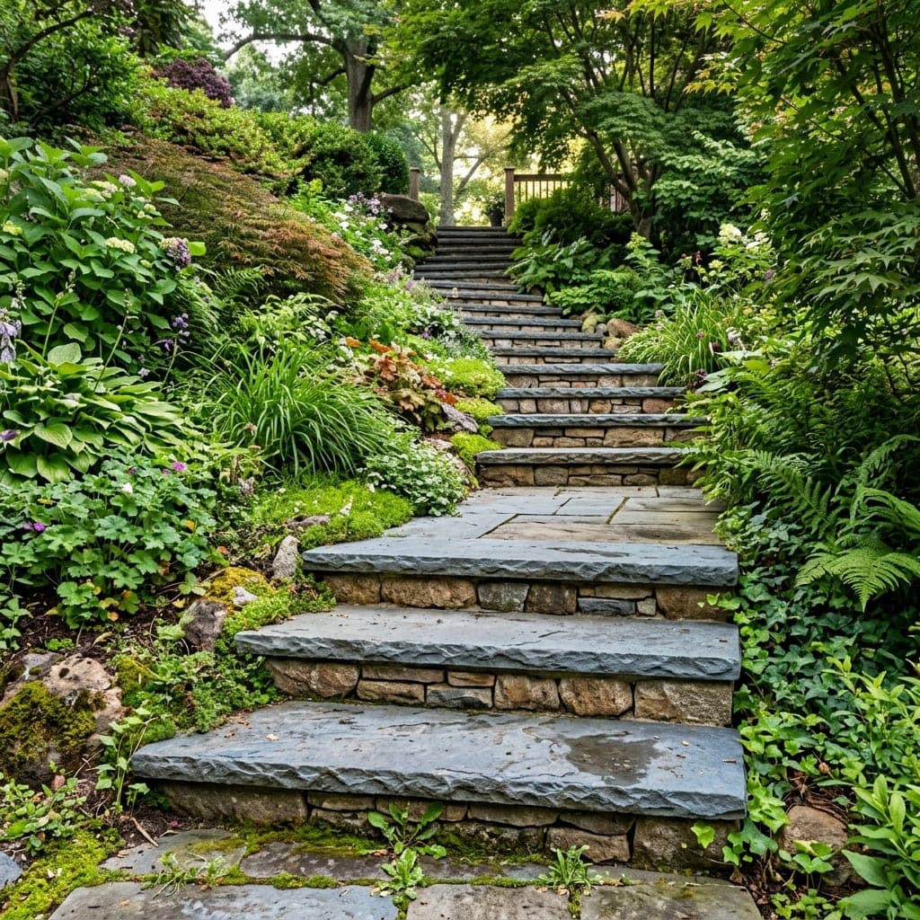 Natural stone steps climbing a slope between dense perennial and shrub plantings.