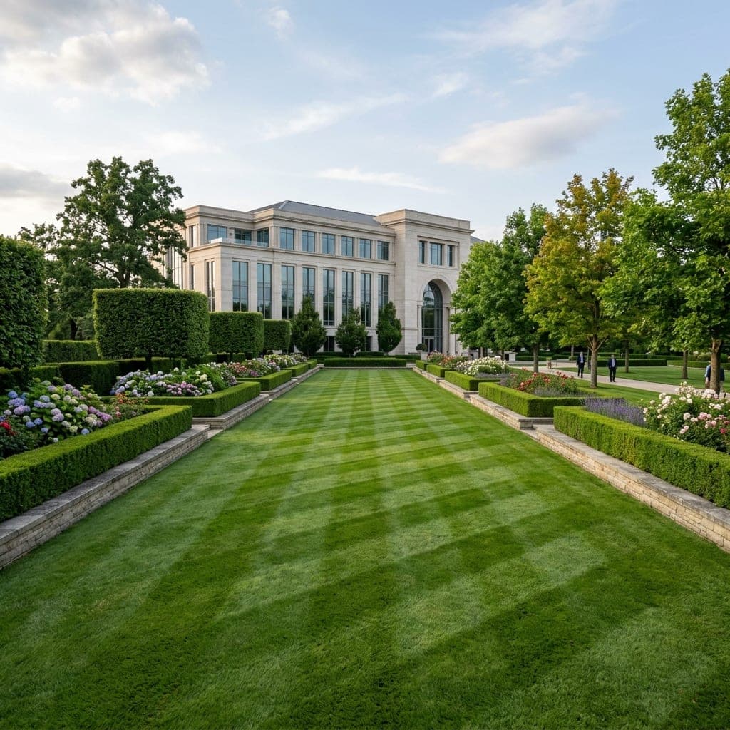 Striped formal lawn bordered by stone-capped hedges and flowers fronting a large building.