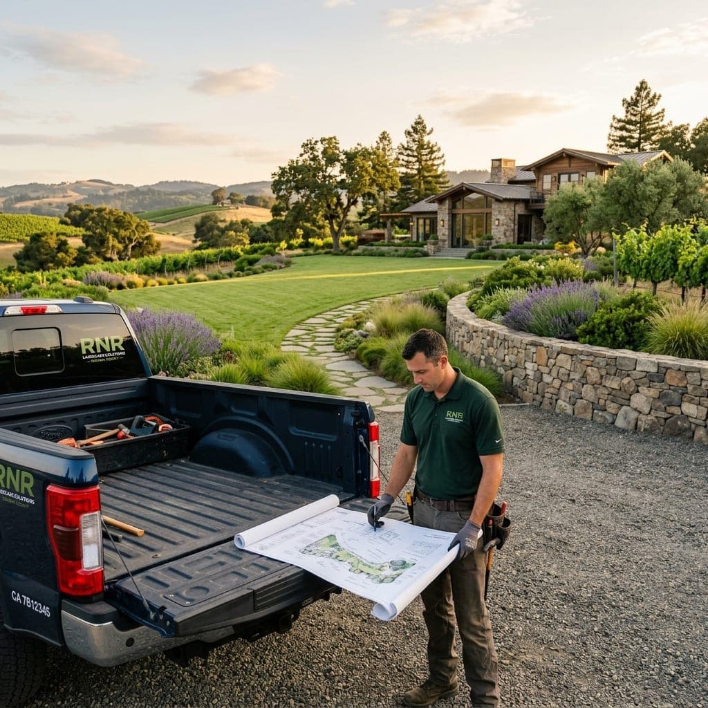 Worker reviewing landscape plans at pickup tailgate overlooking lawn, stone wall, and flagstone path.