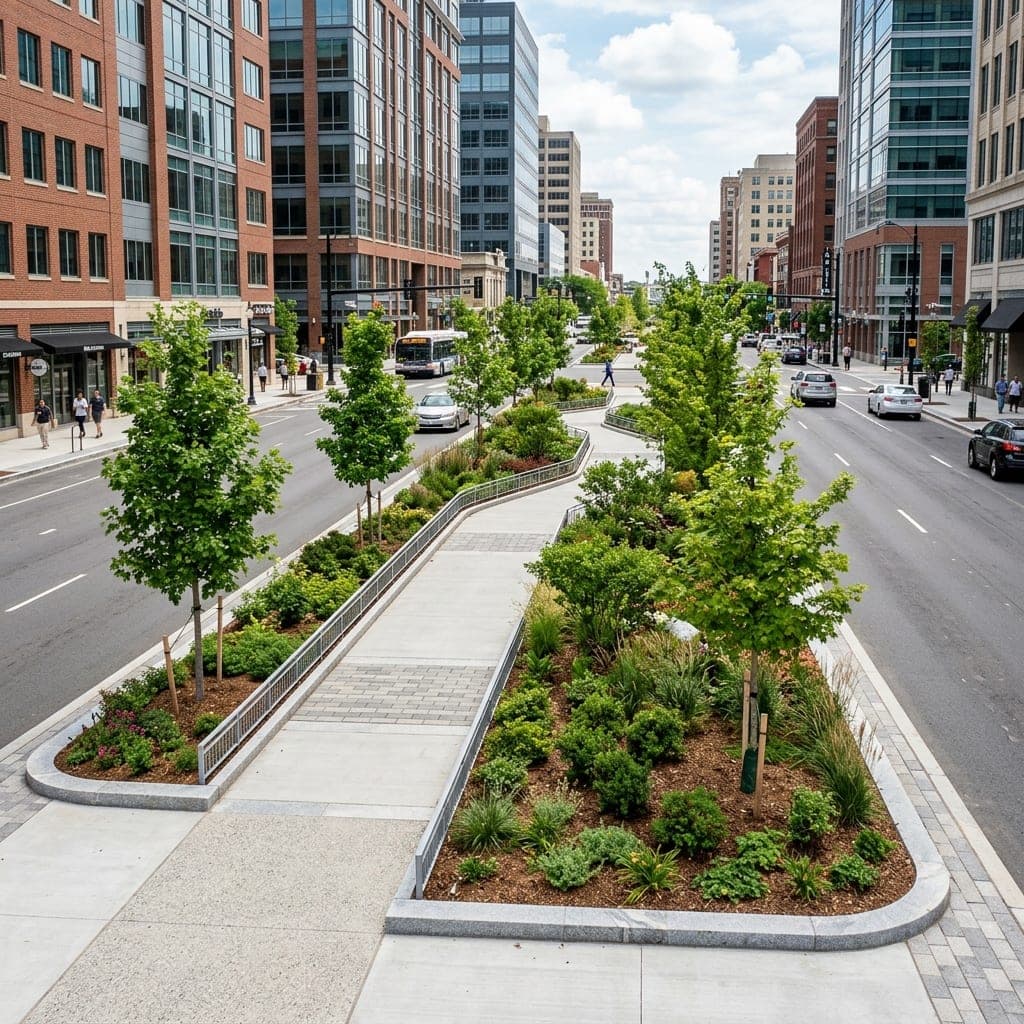 City street medians planted with young trees and shrubs beside a paved pedestrian walkway.