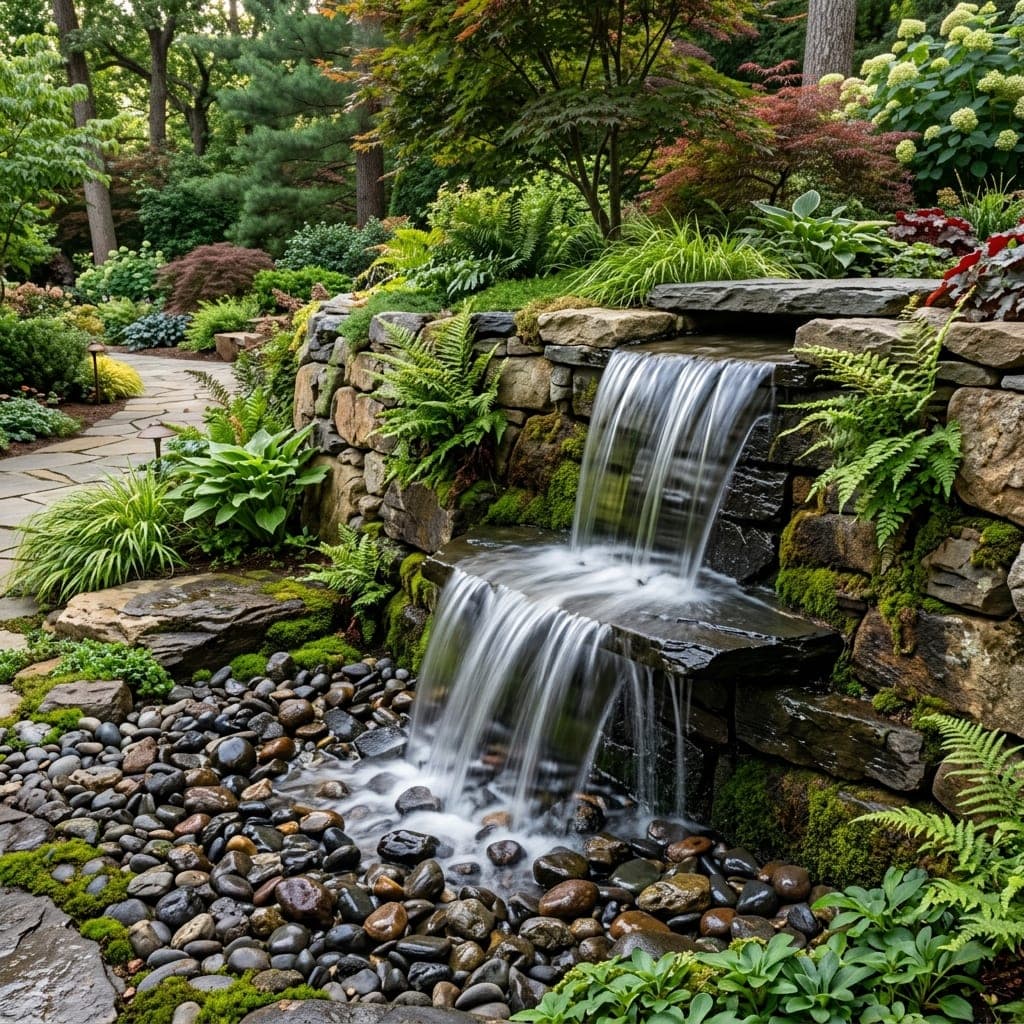 Stone wall waterfall spilling over ledges into a pebble creek bed surrounded by ferns.