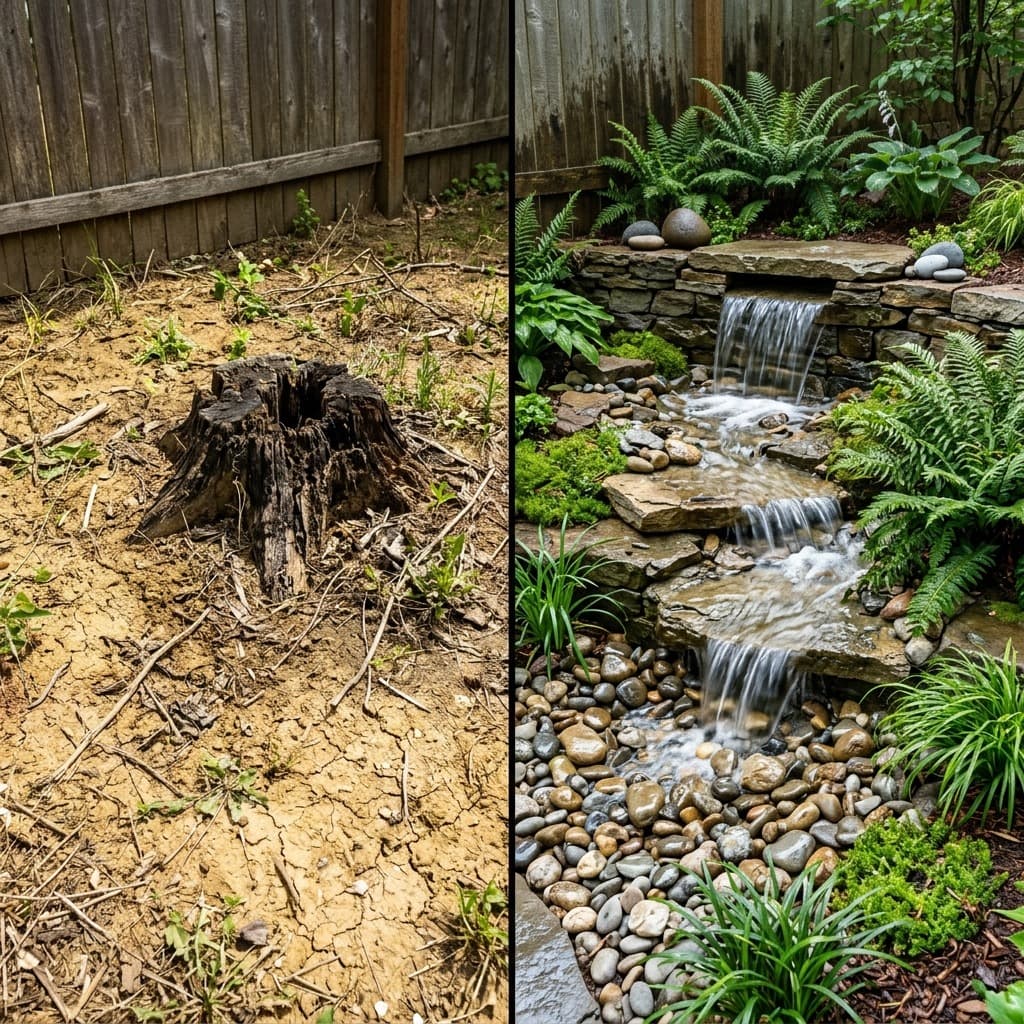 Split view of bare dirt with old stump and finished stone waterfall with ferns.