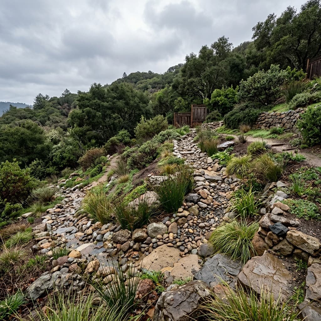Rock lined dry creek bed with grasses winding down a planted hillside.