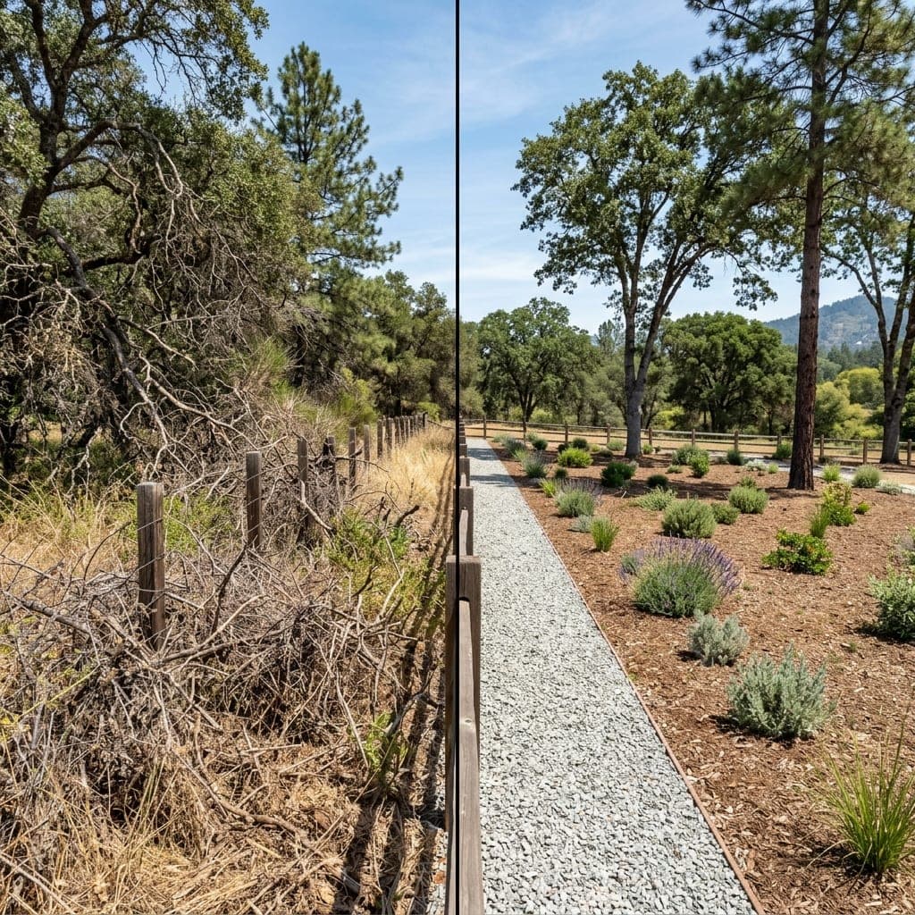 Split view of overgrown dry brush and new gravel path with mulched plantings.