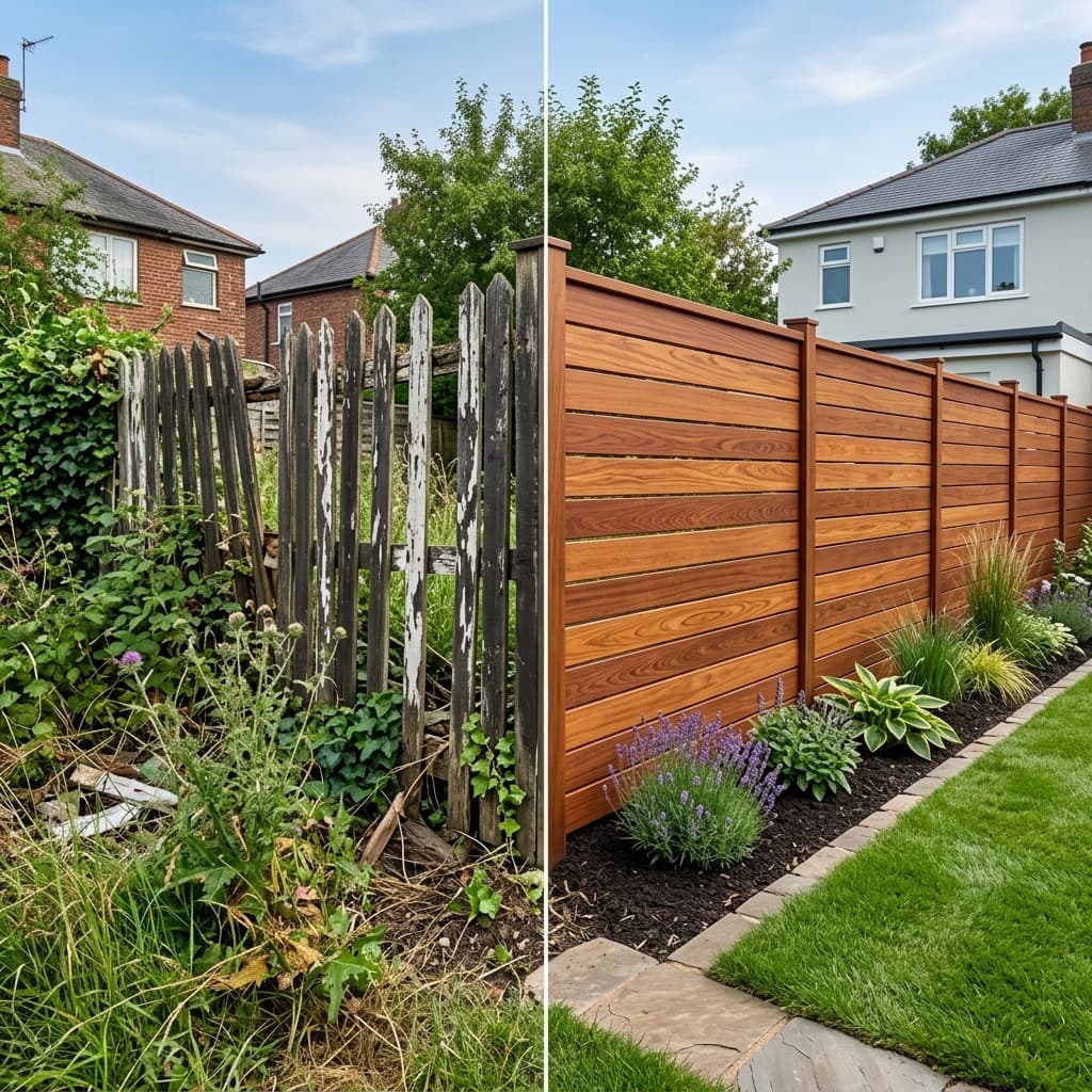 Split comparison of broken weathered picket fence and new horizontal wood fence with lavender bed.