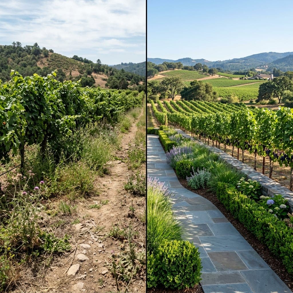 Split image of overgrown vineyard path and finished stone walkway with planted borders.