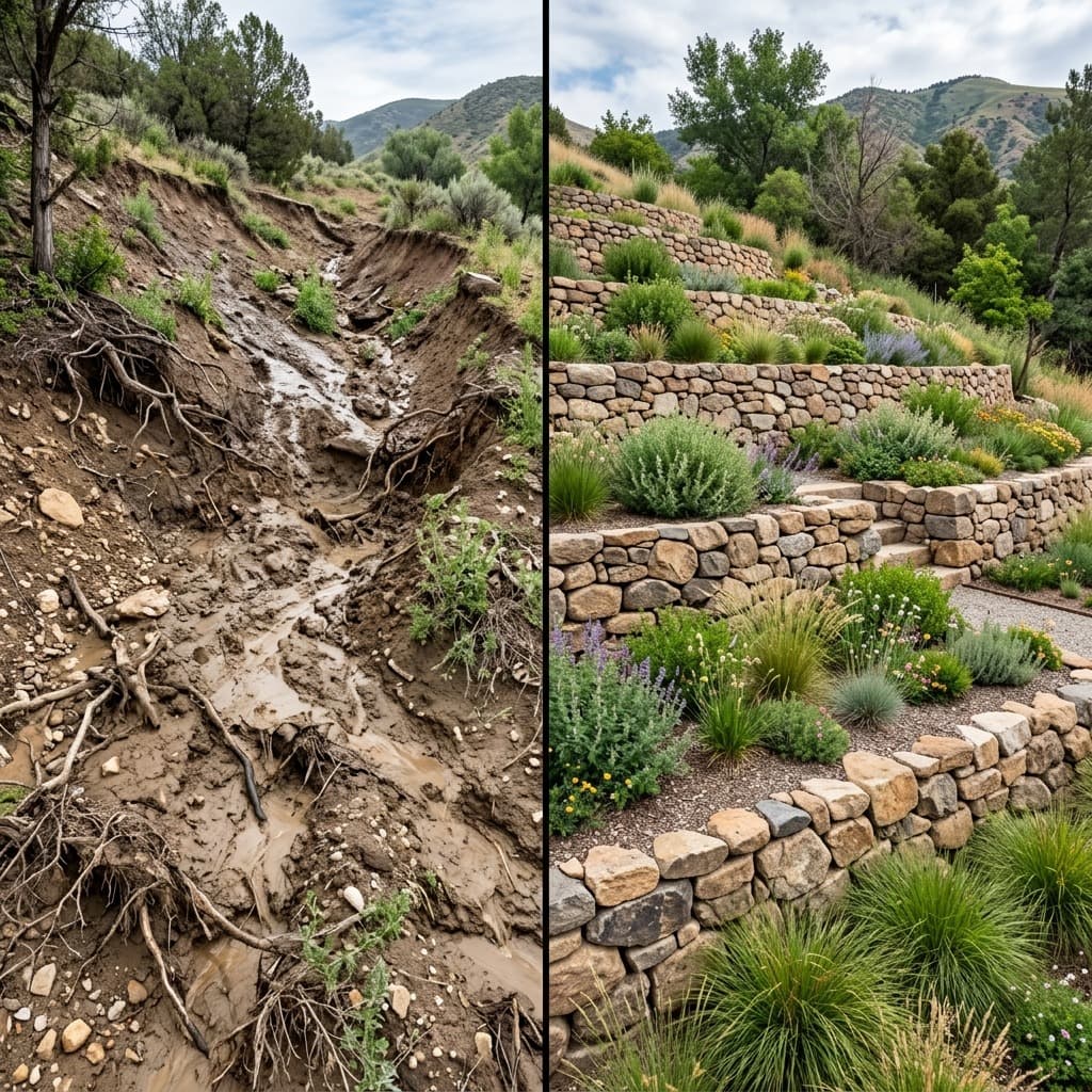 Split image of eroded muddy slope and terraced stone retaining walls with plantings.