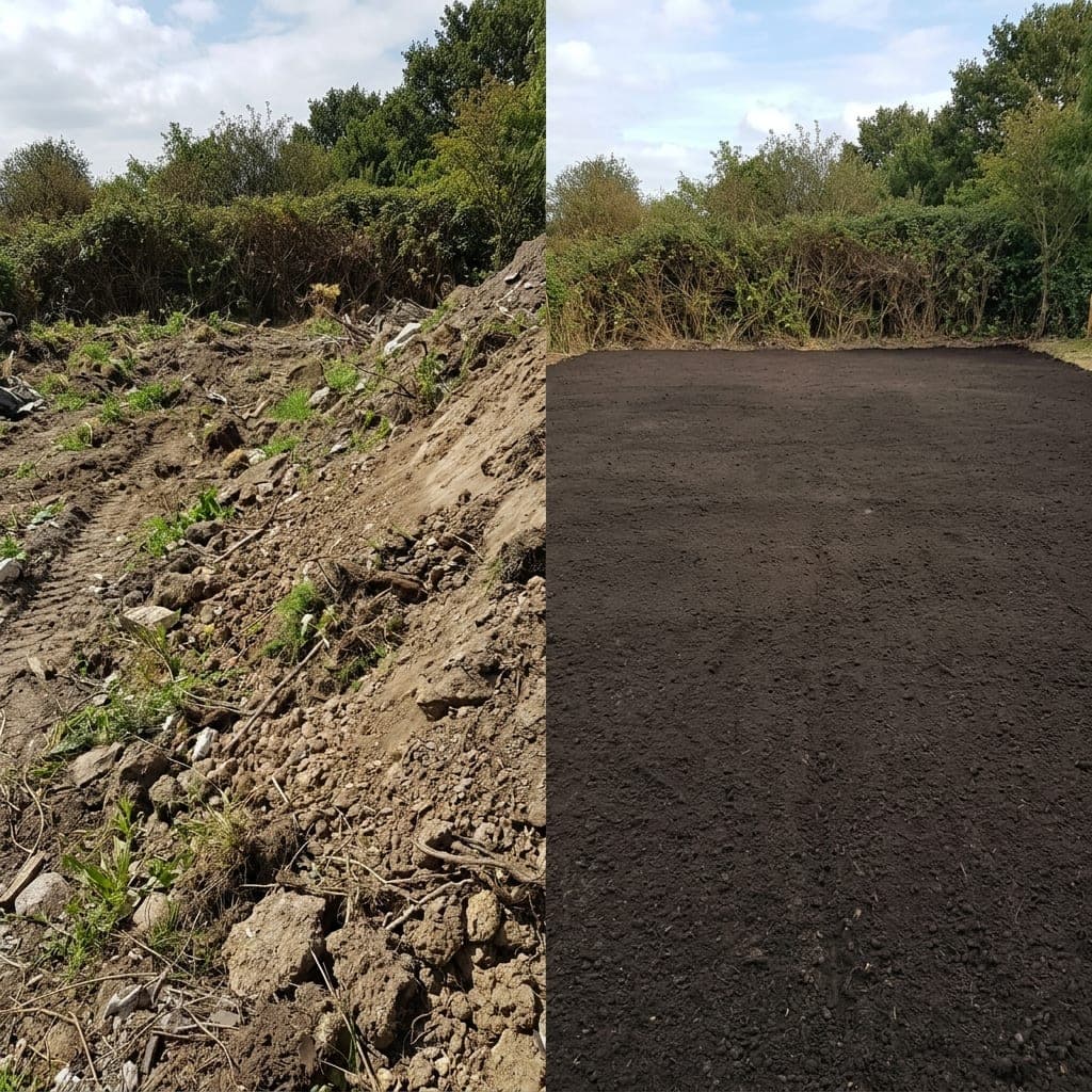 Split image of rough dirt and rubble beside freshly graded dark topsoil.
