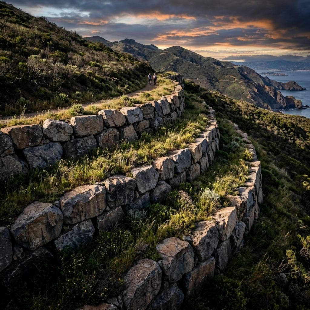 Terraced hillside retaining wall with boulders, native grasses, and sunset light.