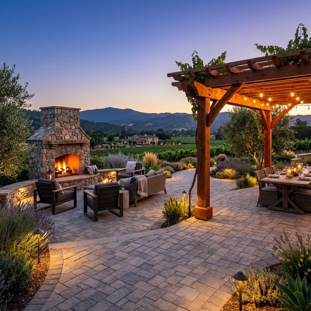 Outdoor hardscape lounge with pergola, paving, firelight, and hillside views.