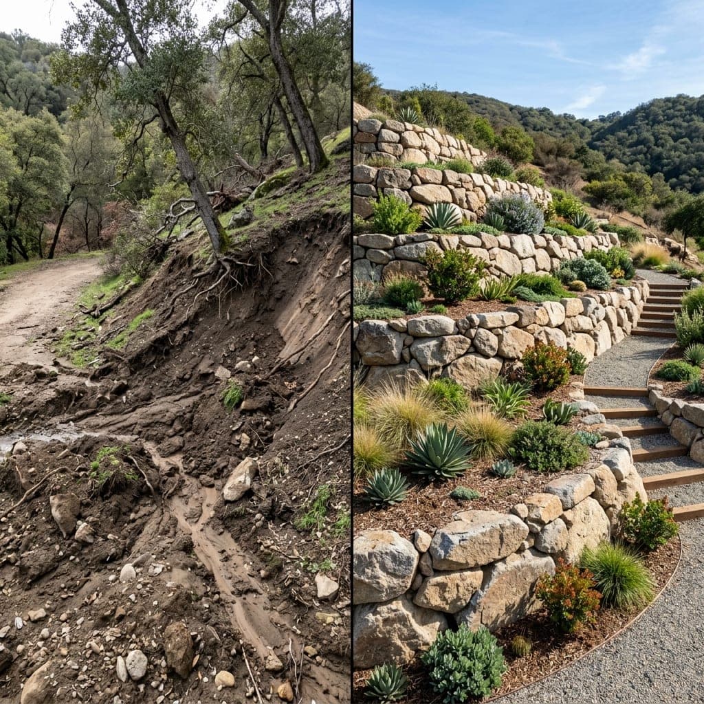 Representative North Bay landscape concept: Split view of eroded muddy slope and terraced rock walls with drought tolerant plants.