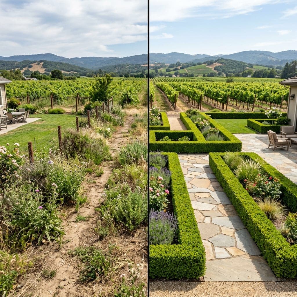 Representative North Bay landscape concept: Weedy yard beside formal boxwood-edged flower beds with flagstone paths overlooking vineyard rows.